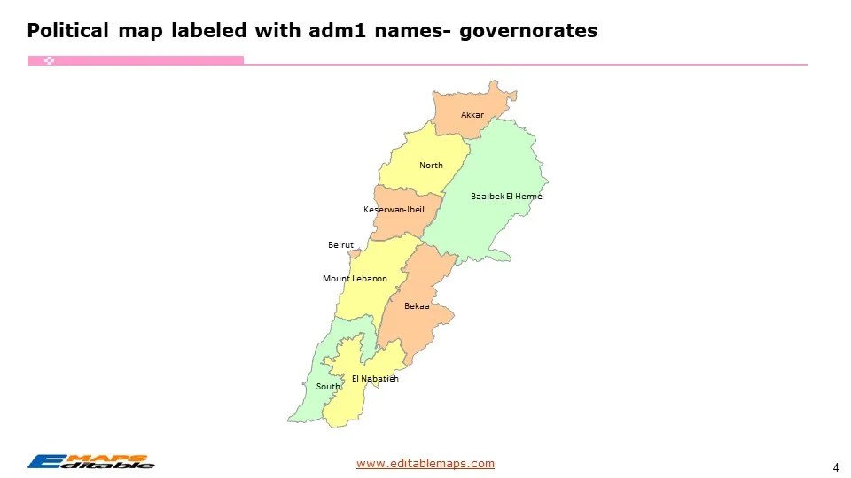 Lebanon Map with 9 Governorates and 26 Districts Editable PowerPoint Maps