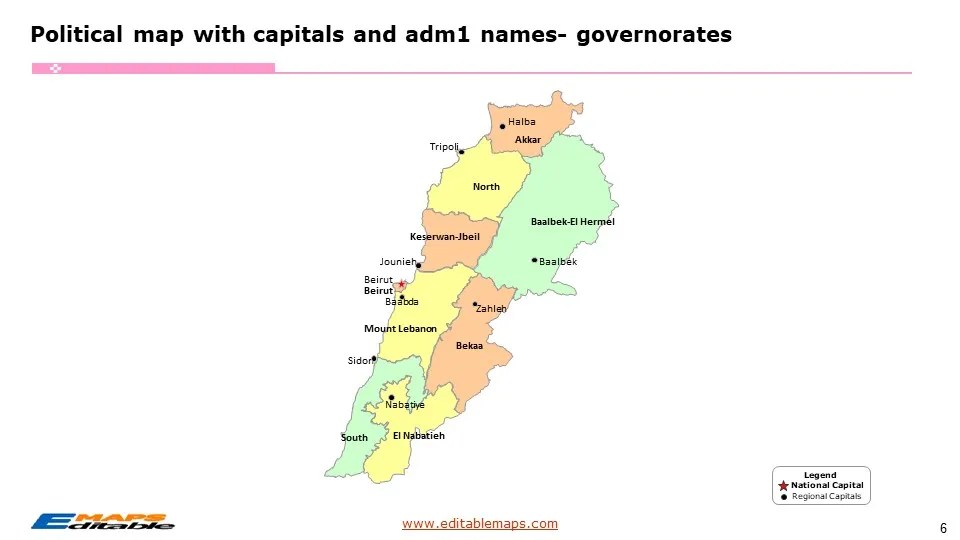 Lebanon Map with 9 Governorates and 26 Districts Editable PowerPoint Maps