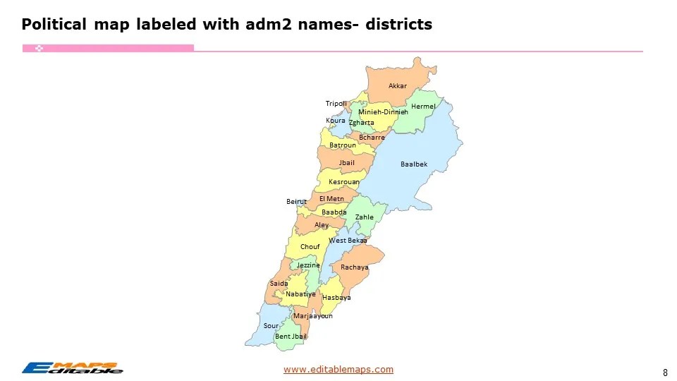 Lebanon Map with 9 Governorates and 26 Districts Editable PowerPoint Maps