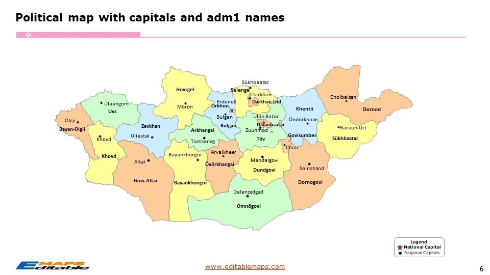 Mongolia Map with 21 Provinces and One Municipality Editable