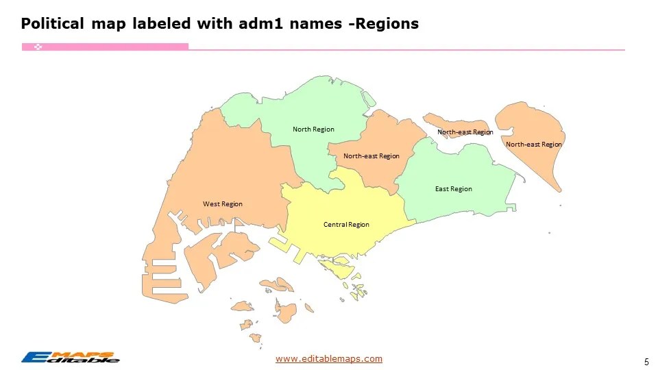 Singapore Map with 5 Regions and 55 URAs Editable PowerPoint Maps