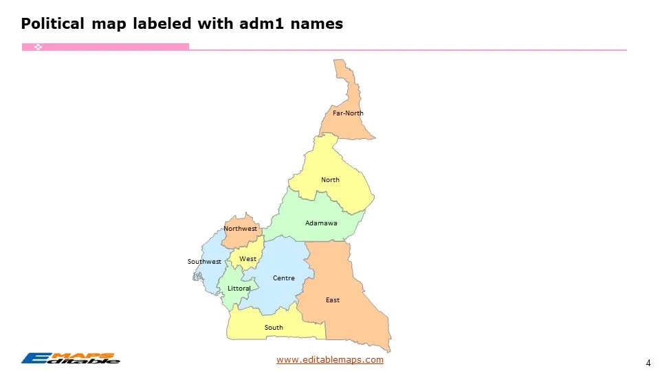 Cameroon Map with 10 Regions and 60 Departments Editable PowerPoint Maps