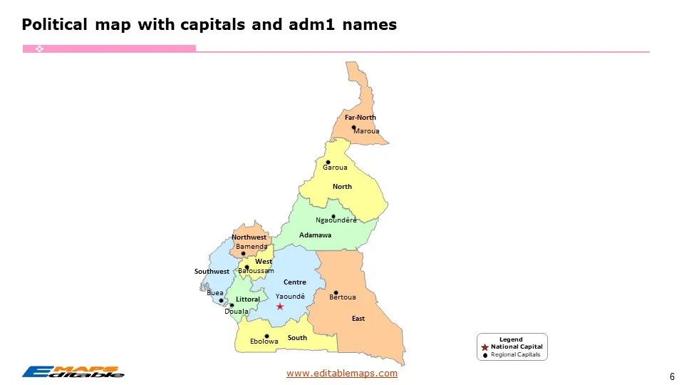 Cameroon Map with 10 Regions and 60 Departments Editable PowerPoint Maps