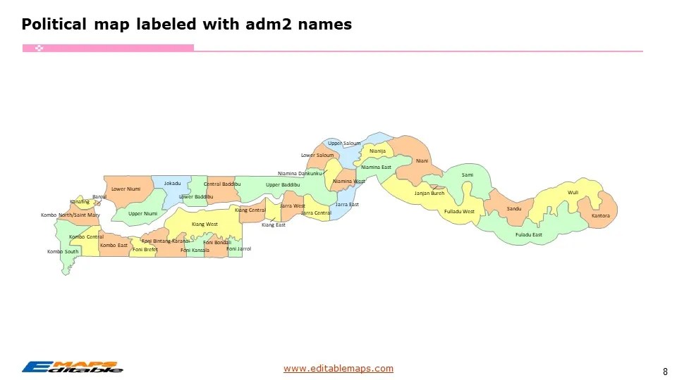 Gambia Map with 5 Regions and 37 Districts Editable PowerPoint Maps