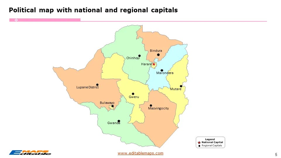 Zimbabwe Map with 10 Provinces and 91 Districts Editable PowerPoint Maps