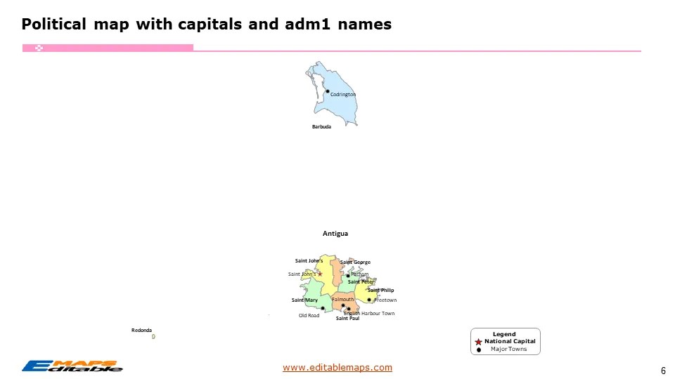 Antigua and Barbuda map with 6 Parishes and 2 Dependencies Editable