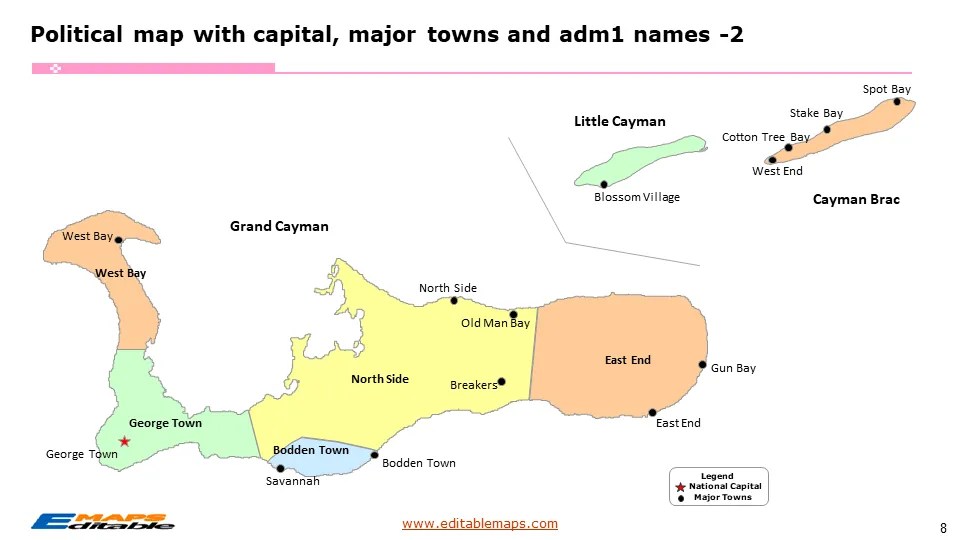 Cayman Islands Map with 7 Districts Editable PowerPoint Maps