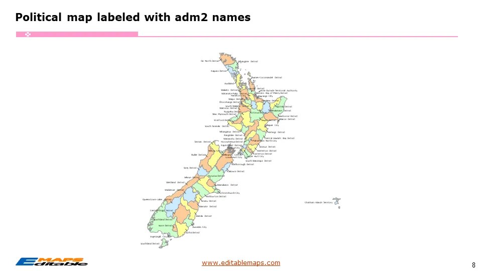 New Zealand map with 17 Regions and 68 Districts Editable PowerPoint Maps