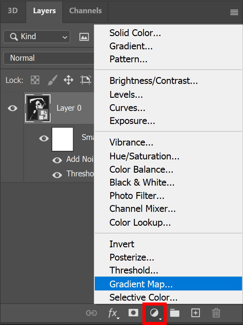 Create a grainy (duotone) threshold portrait in