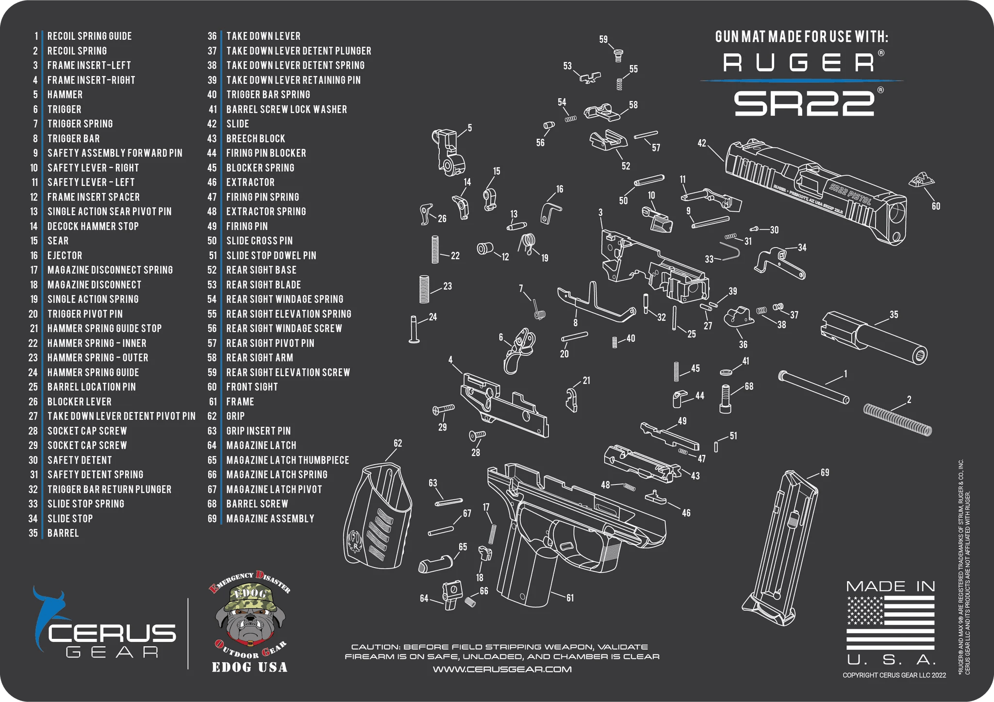 RUGER SR22 Cerus Gear Schematic (Exploded View) Heavy Duty Pistol Clea