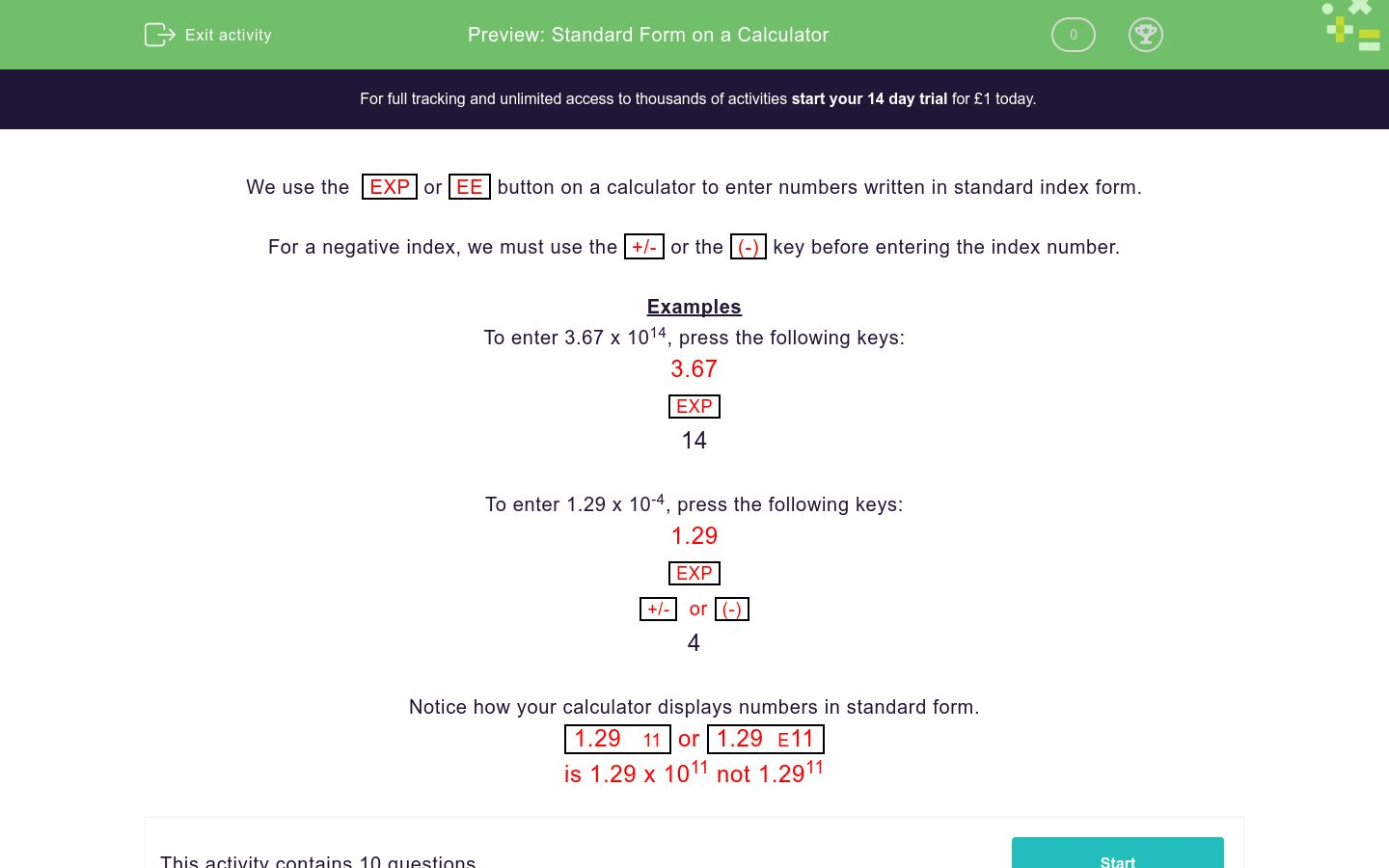Understand Standard Form on a Calculator Worksheet EdPlace