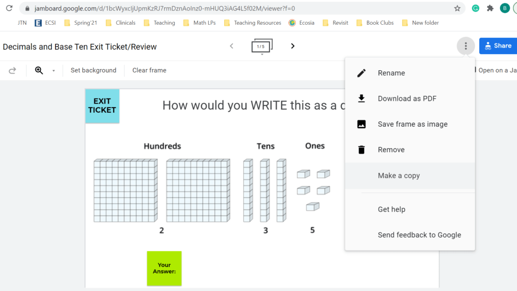 Jamboard Decimals and Base Ten Exit Ticket EdTech Methods