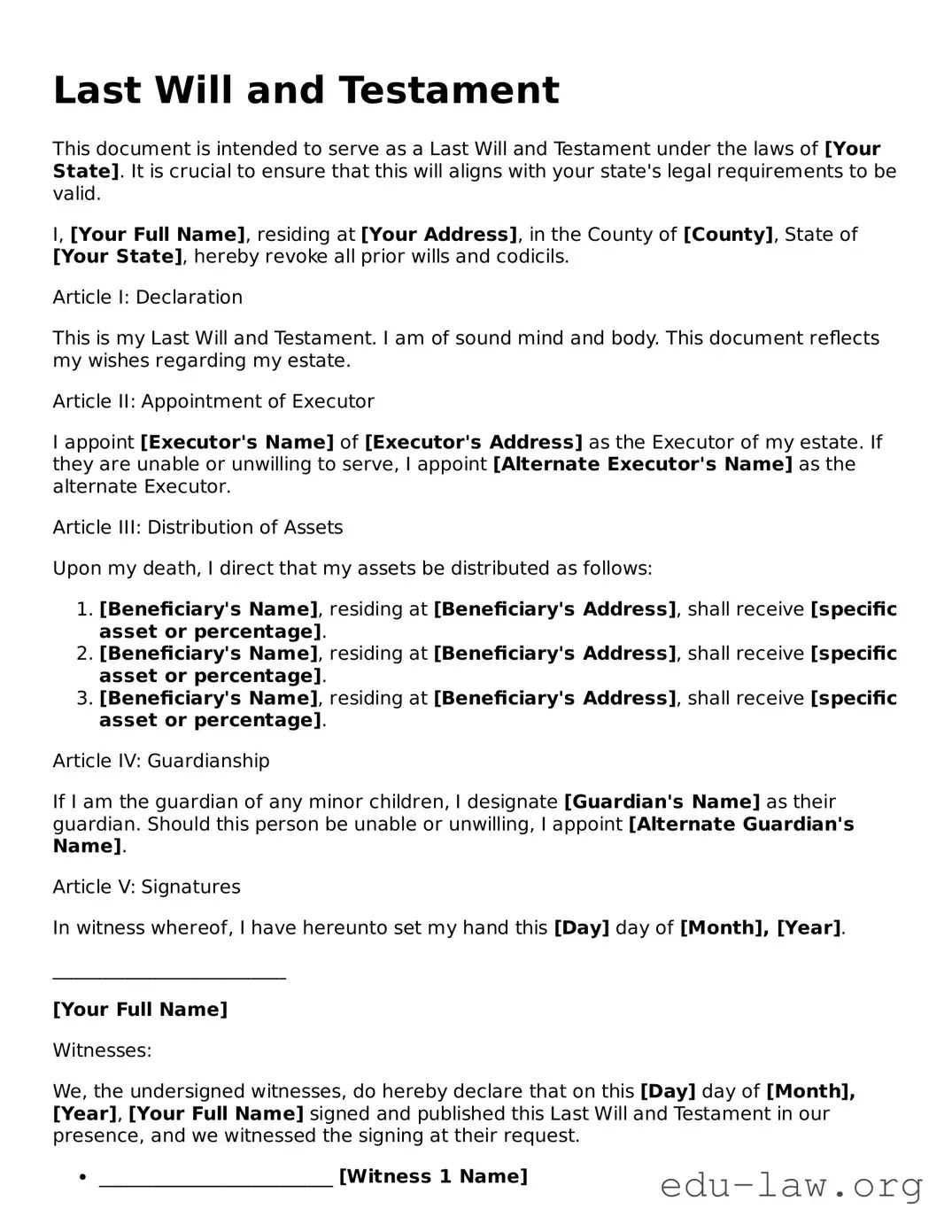 Last Will and Testament Template PDF Form