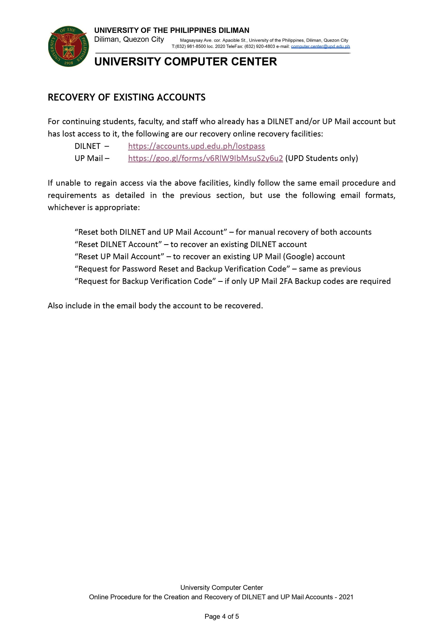 Online Procedure for Creation of and UP Mail Accounts College