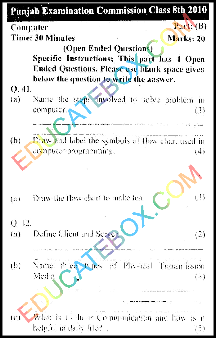 Past Paper 8th Class Computer (EM) Punjab Board (PEC) 2010 Education News