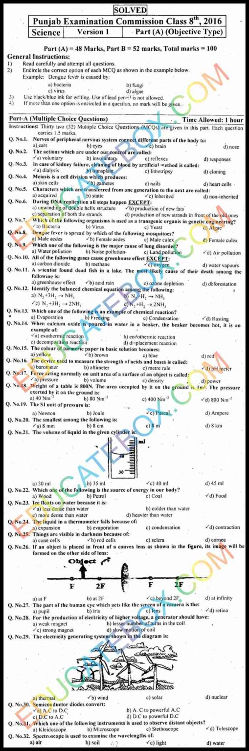 Past Paper 8th Class Science 2016 Solved Paper EM Punjab Board (PEC