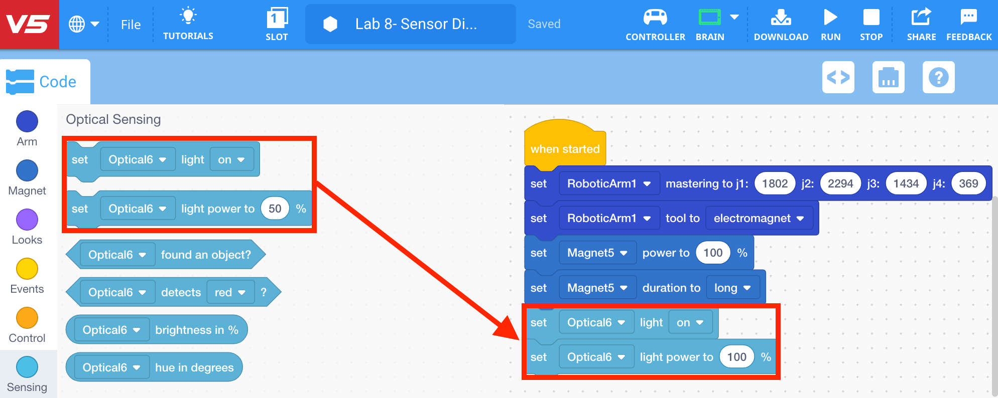 Transporting Objects Programming the Optical Sensor VEX Education
