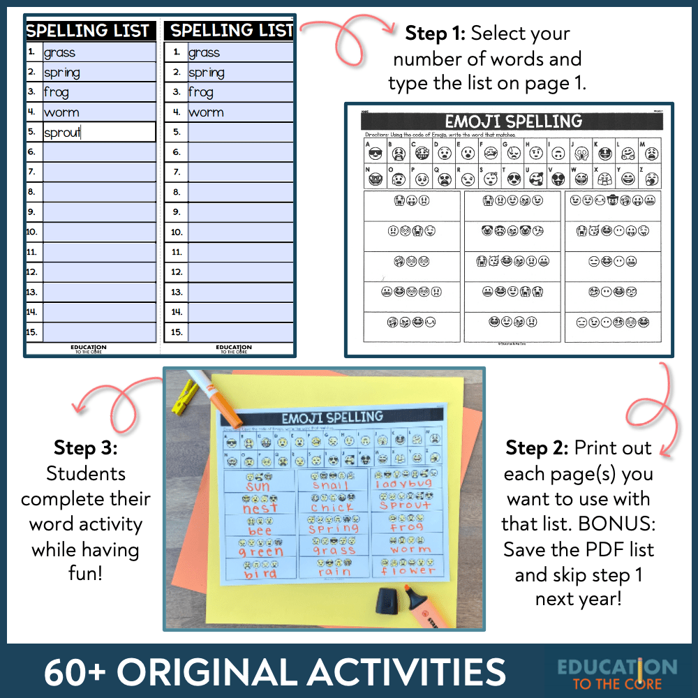 Editable Spelling Activities for ANY List of Words Education to the Core