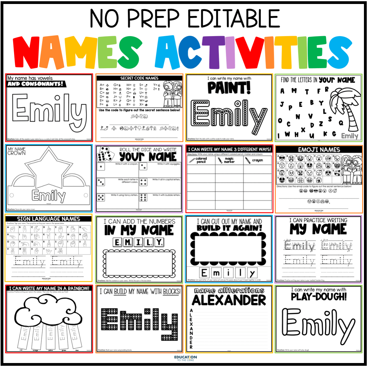 Editable Names for Kindergarten Education to the Core