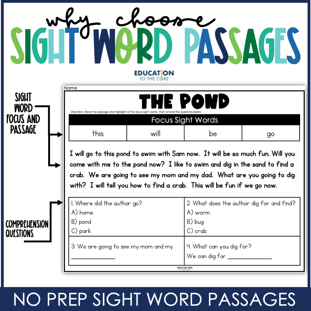 Sight Word Passages Education to the Core