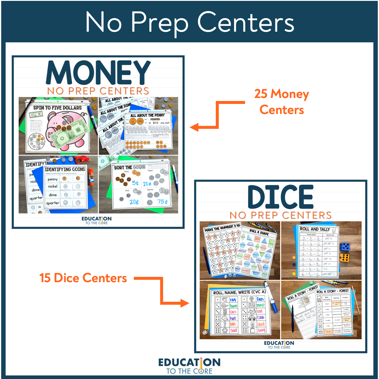 NO PREP Centers Bundle Volume 2 Math & ELA Education to the Core