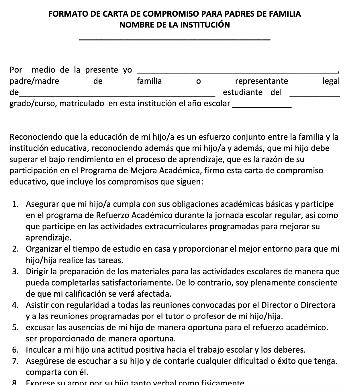 Formato de carta de compromiso para padres de familia 2021