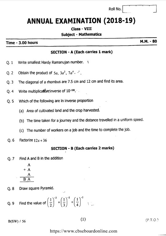 [Updated March'2024] CBSE Class 8 Maths Question Papers 202425