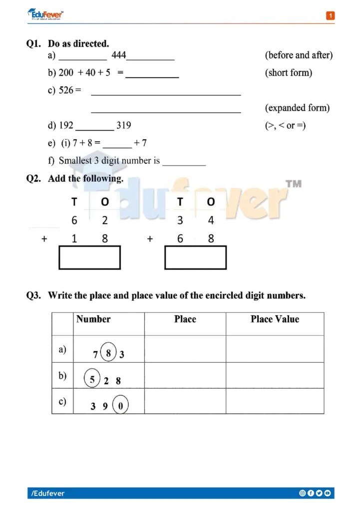 [Updated] CBSE Class 2 Maths Class Test Worksheet 202425 Session in PDF