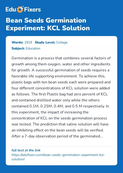 Bean Seeds Germination Experiment KCL Solution Free Essay Example