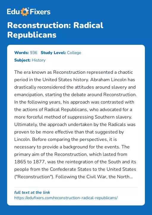 Reconstruction Radical Republicans Free Essay Example