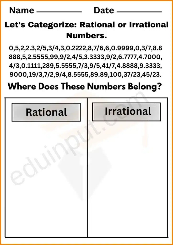 Rational and Irrational Number Worksheets