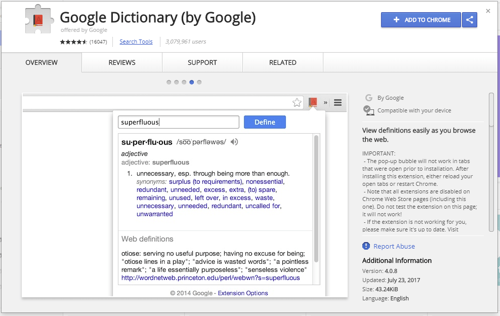 Quickly open a word definition with the Google Dictionary Chrome