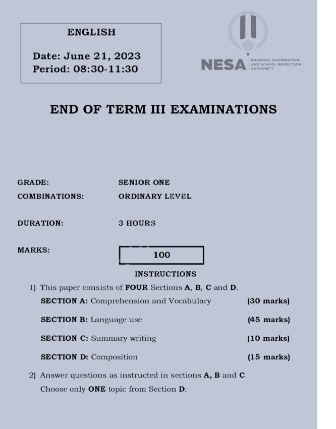 NESA English examination for s1 of the end of third term, 2023
