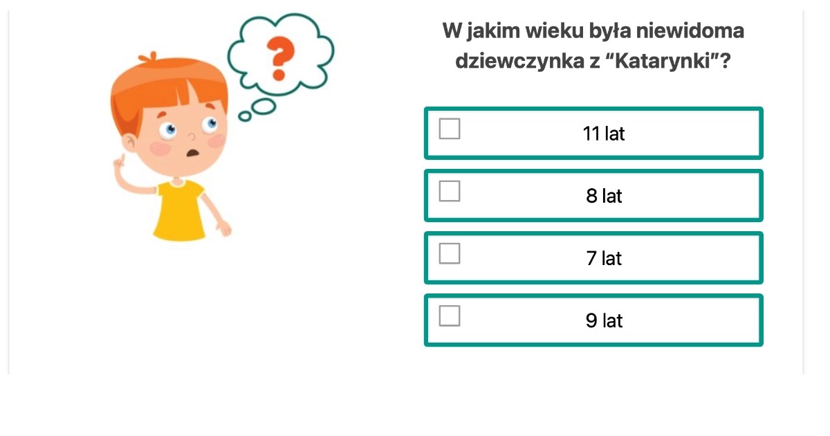 Quiz z lektury Katarynka dla uczniów klasy 4, 5, 6