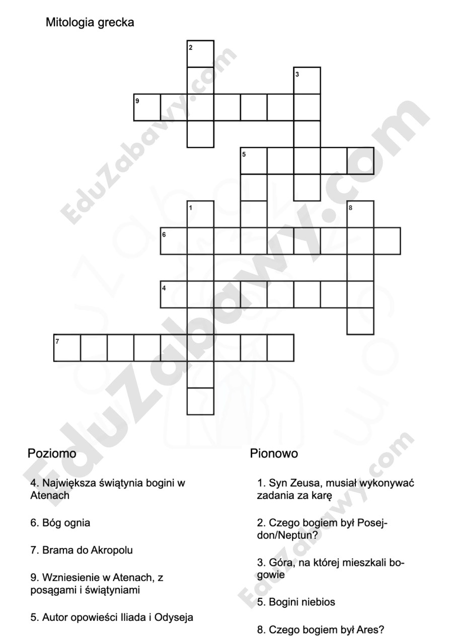 Krzyżówka z Mitologii greckiej w PDF do druku dla dzieci
