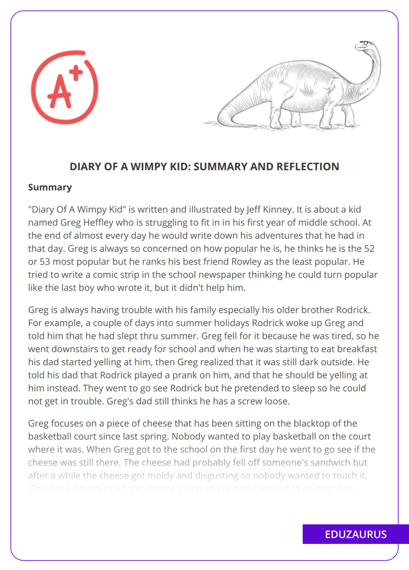 Diary Of a Wimpy Kid Summary And Reflection Free Essay Example
