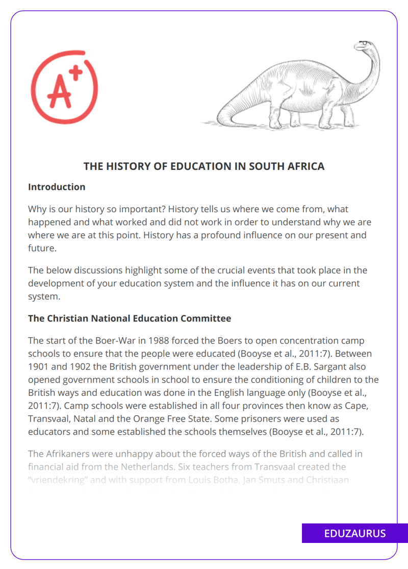 The History of Education in South Africa Free Essay Example EduZaurus