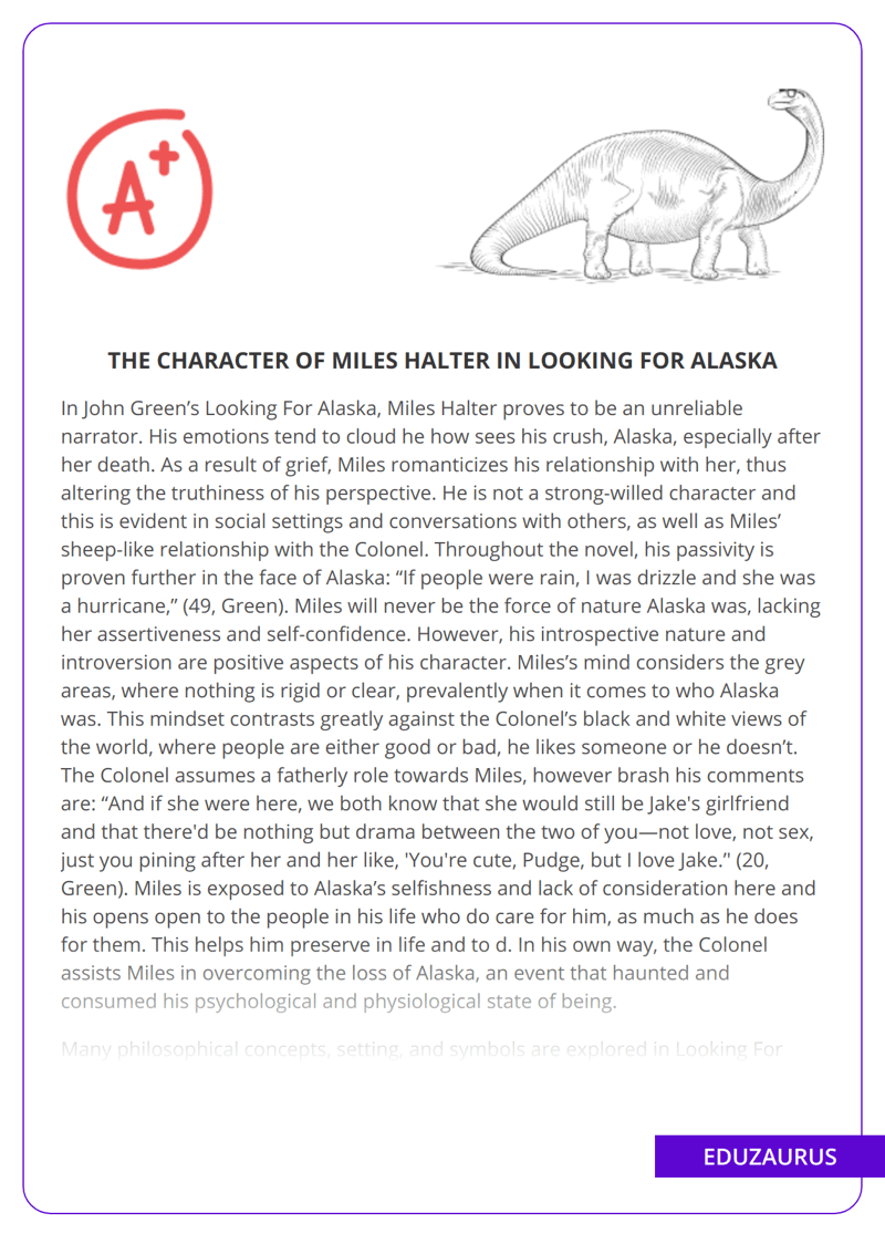 The Character of Miles Halter in Looking for Alaska Free Essay