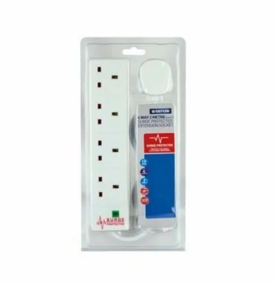 2 Meter Electric Extension Lead Long 4 Way/ 4 Outlets UK Plug White Colour EEBAZAAR