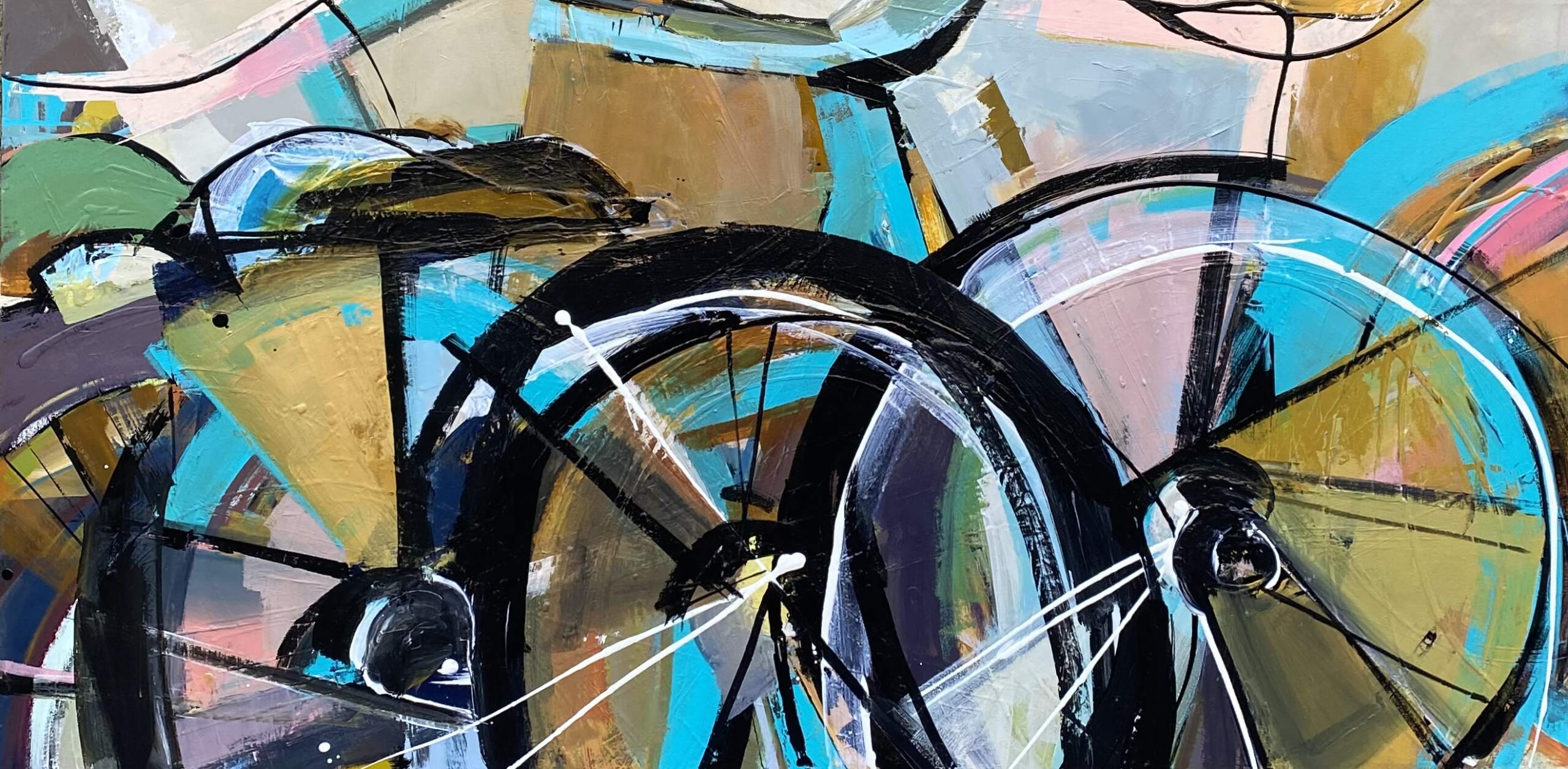 Ribbons and Rows, acrylic bike painting by Katie Leahul Effusion Art