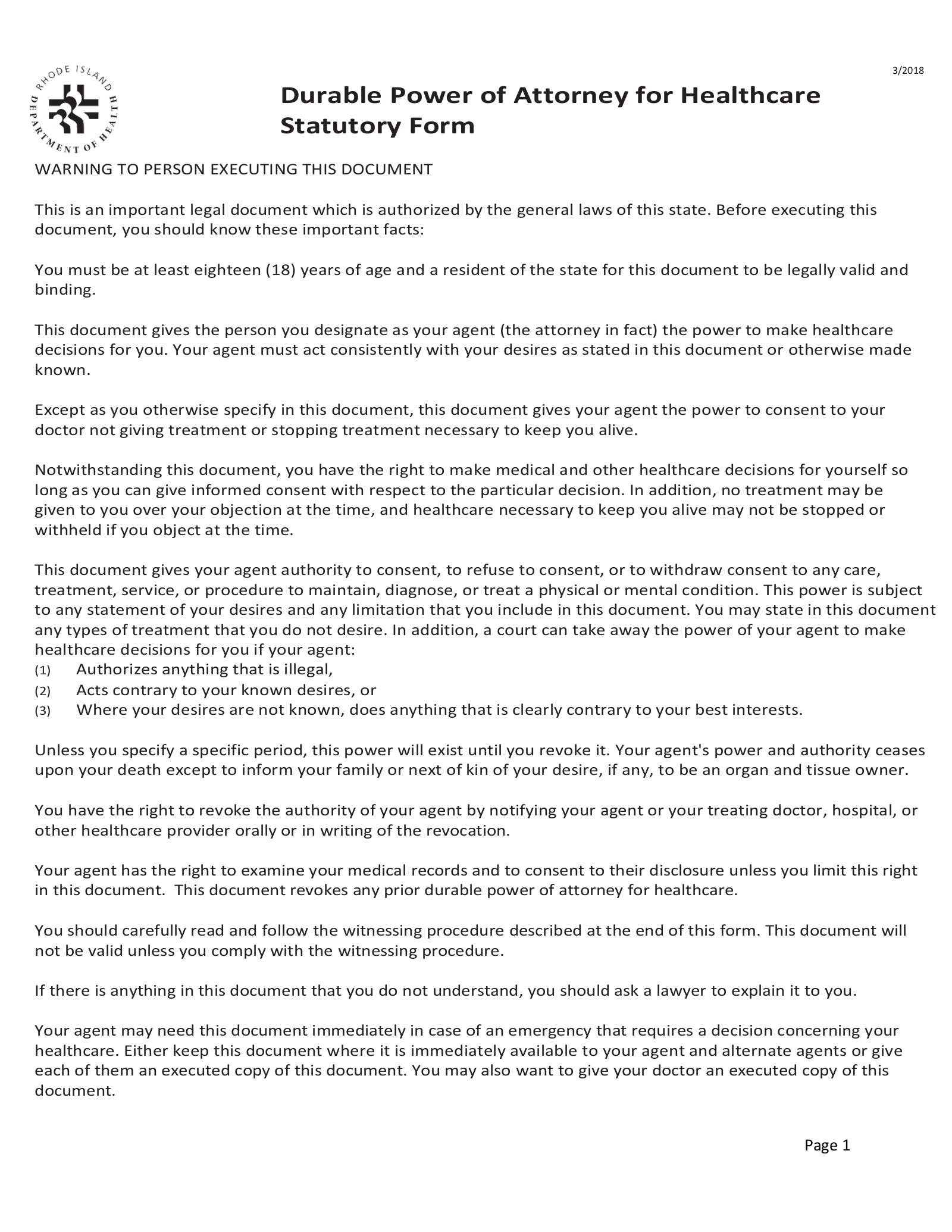 Free Rhode Island Medical Power of Attorney Form PDF Word eForms