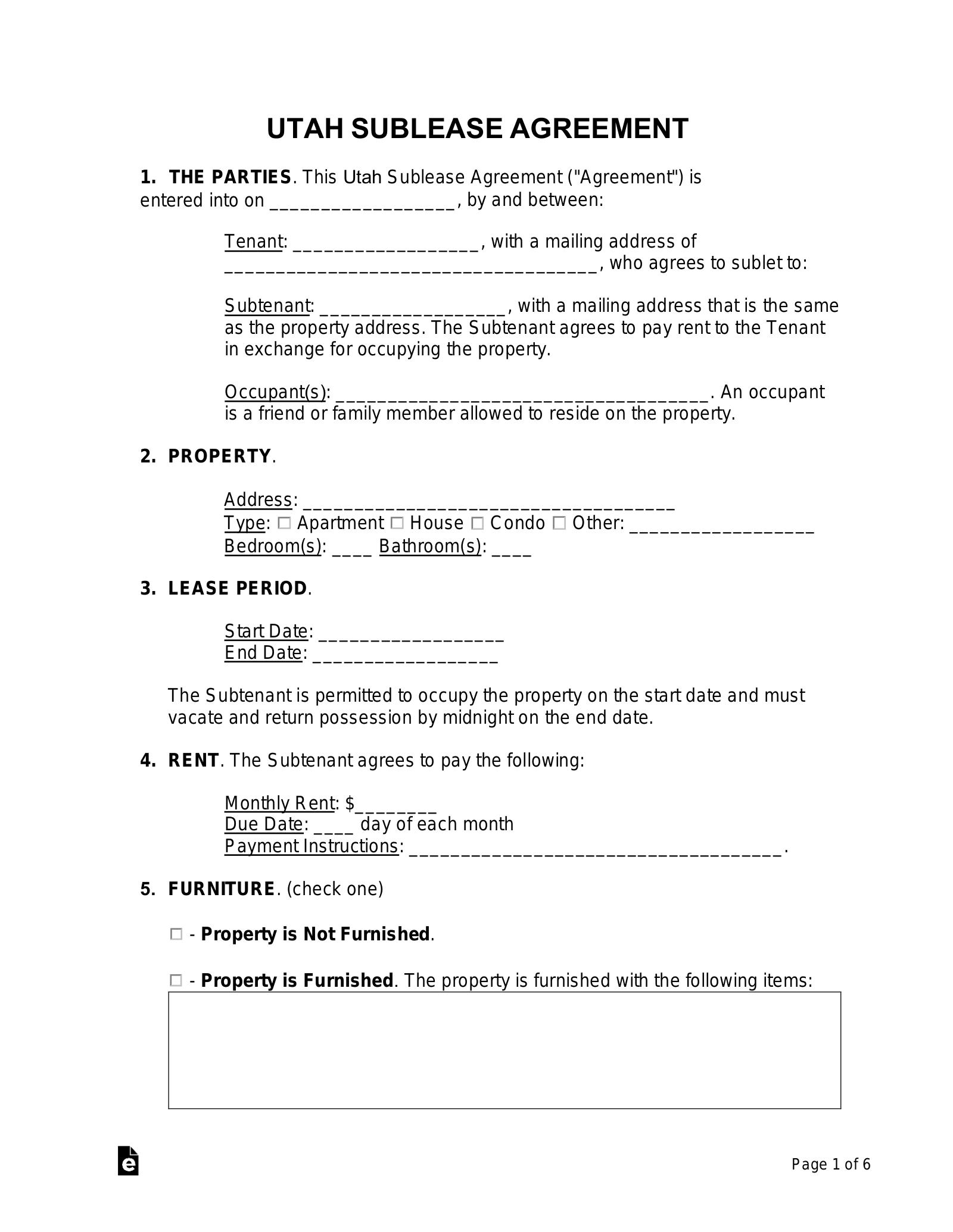 Free Utah Sublease Agreement Template PDF Word eForms