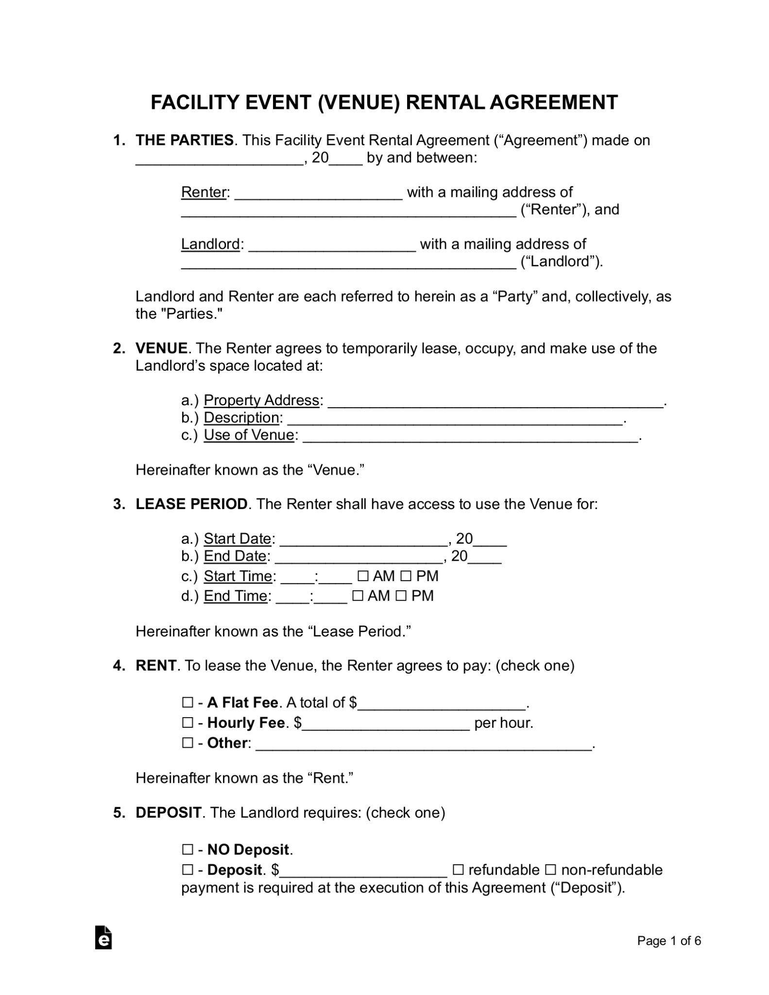 Free Venue (Event Space) Rental Agreement Template PDF Word eForms