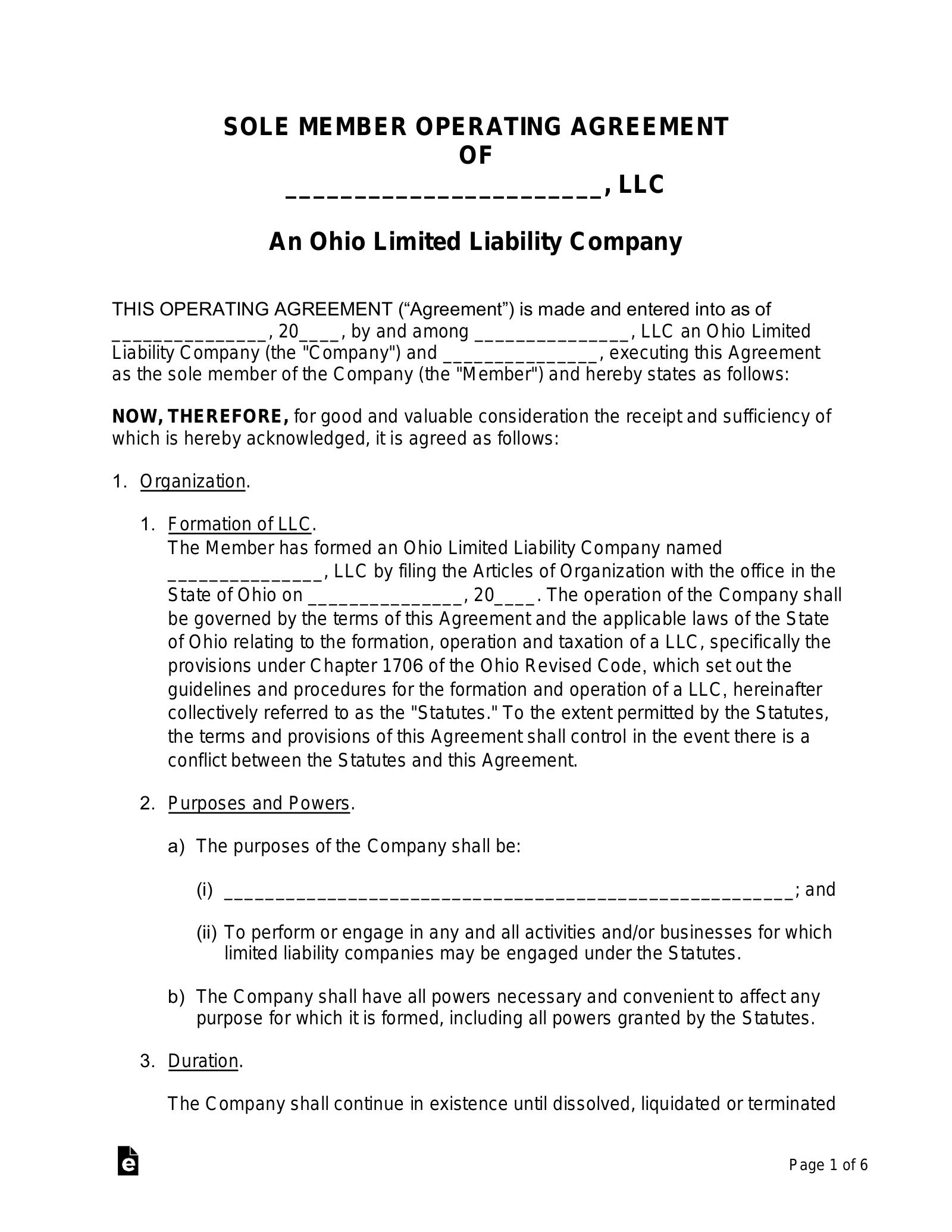 Free Ohio Single Member LLC Operating Agreement Form - PDF | Word – eForms