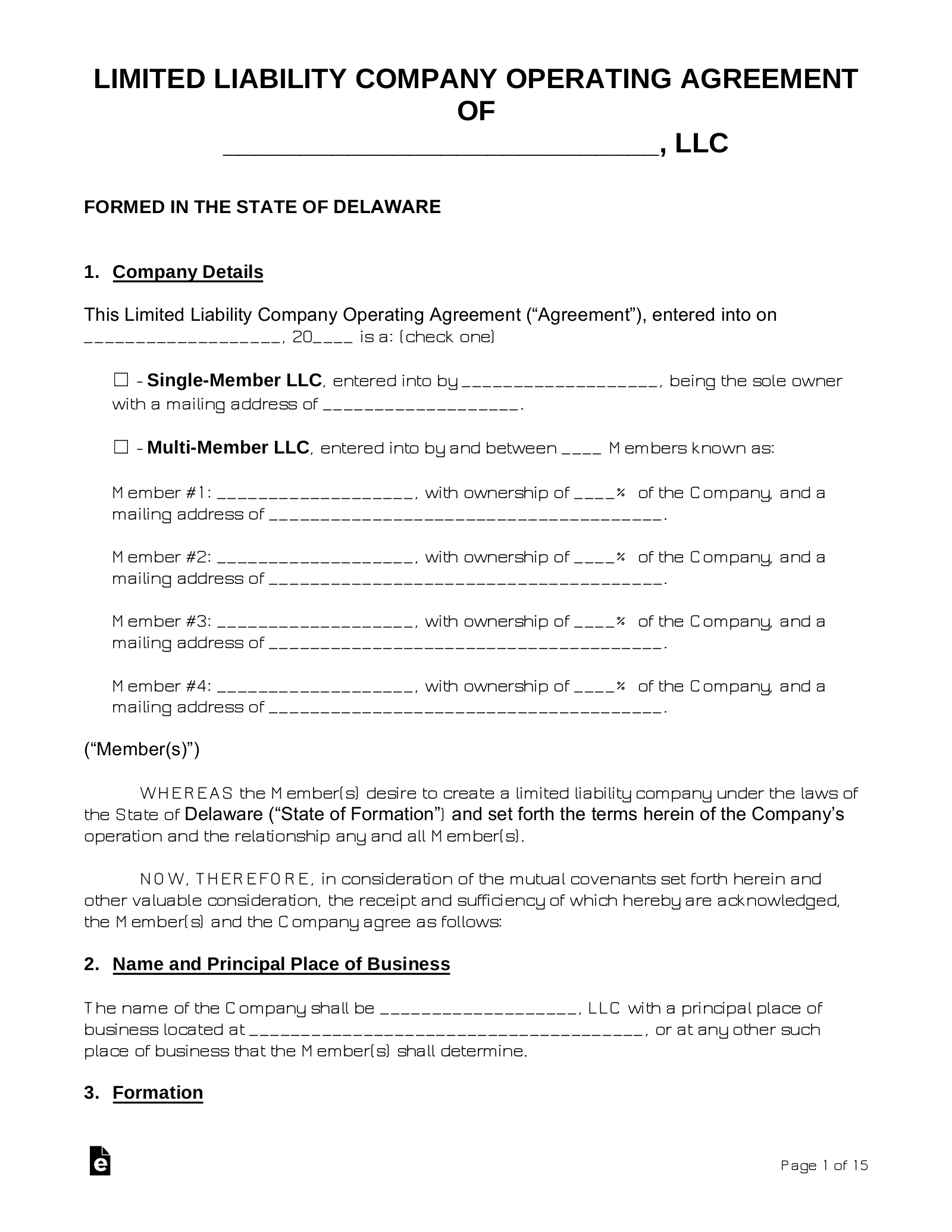 Free Delaware LLC Operating Agreement PDF Word eForms