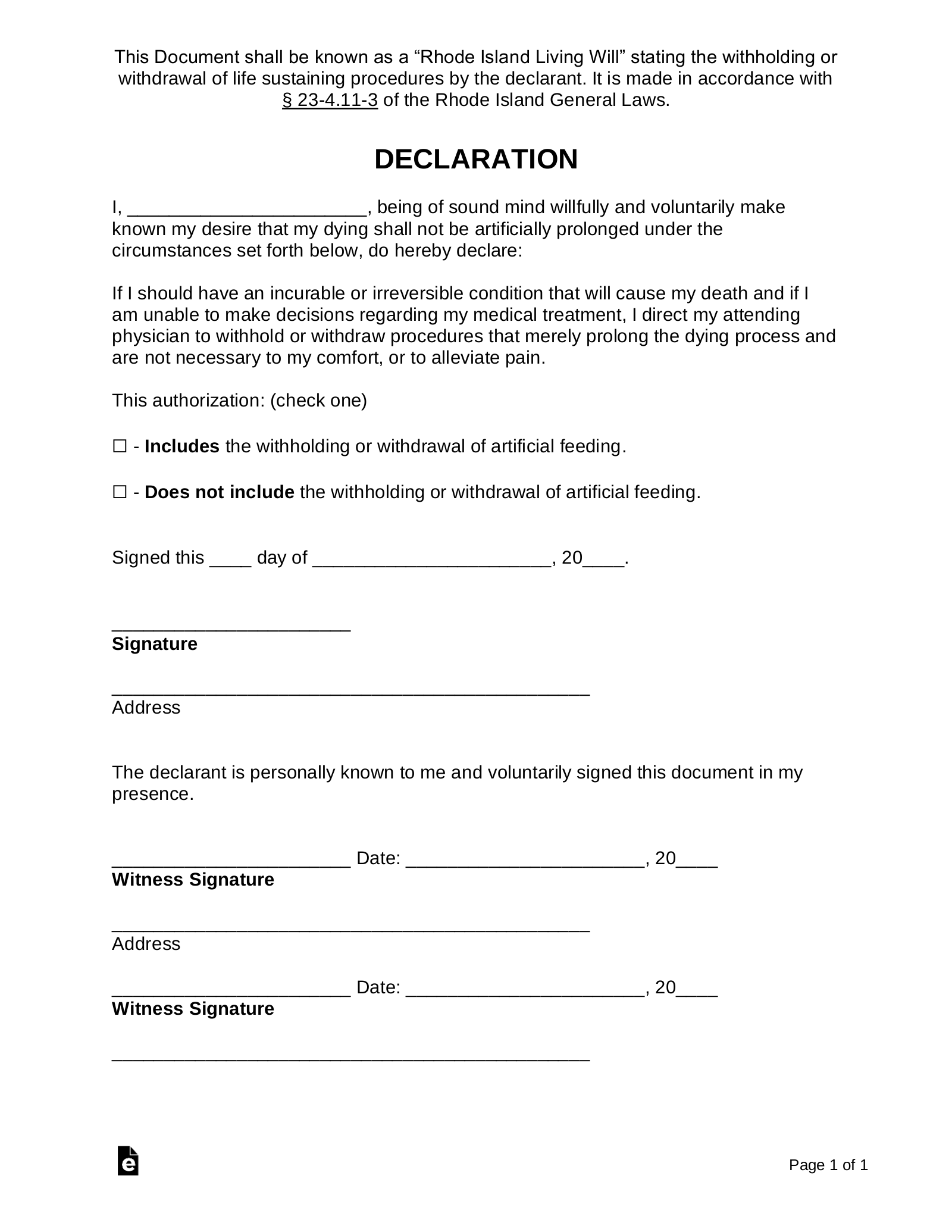 Free Rhode Island Living Will Form - PDF | Word – eForms