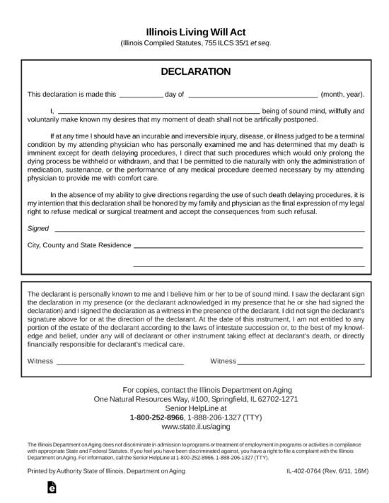 Free Illinois Living Will Form Declaration PDF eForms