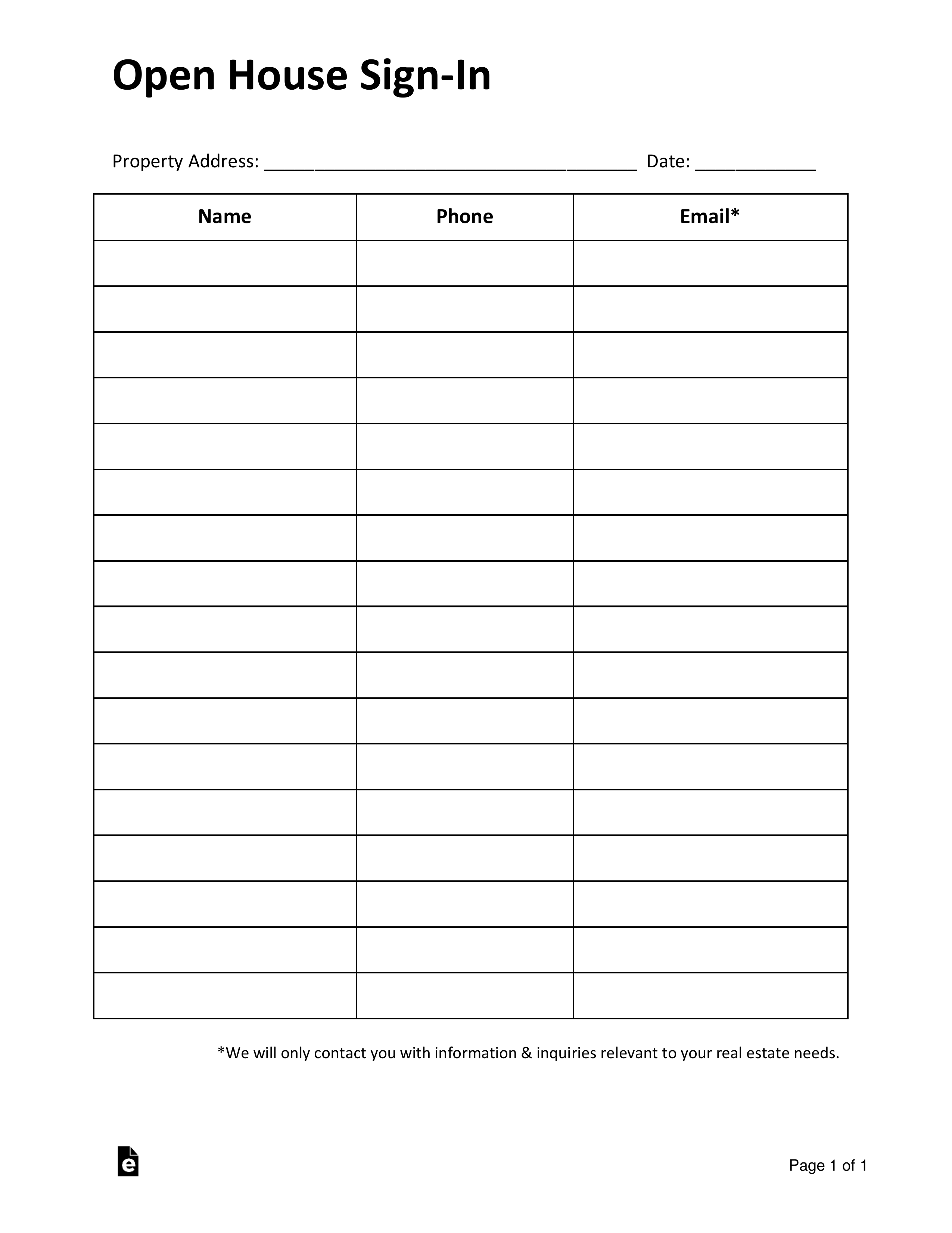 Real Estate Sign In Sheet Template