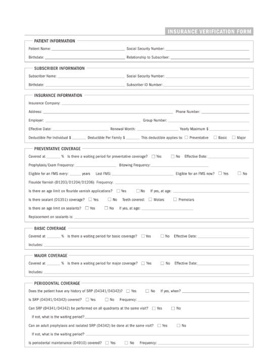 Free Dental Insurance Verification Form PDF eForms