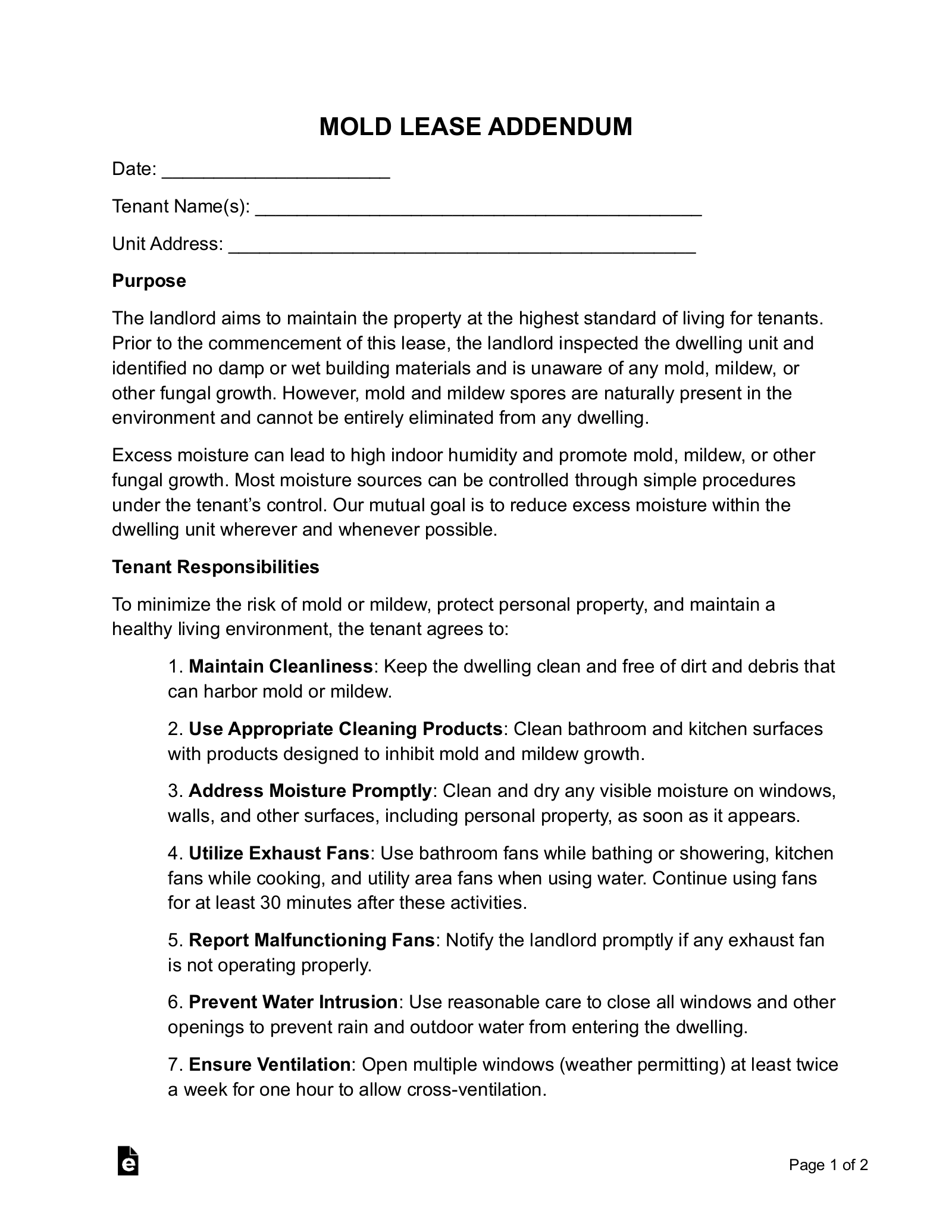 Free Mold Lease Addendum Template - PDF | Word – eForms
